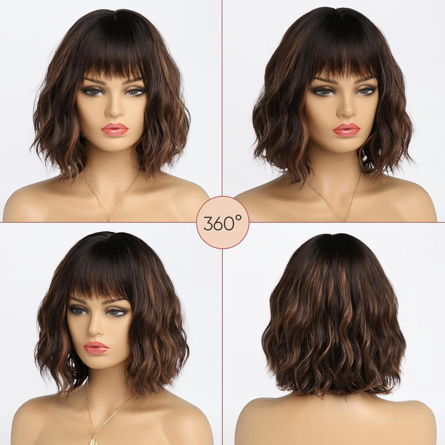 SUCS Short Wigs for Women Grey Wavy Bob Wig with Bangs Medium Length Synthetic Hair Water Wave Dark Roots Wig Gray Colorful Wigs（12 Inches）
