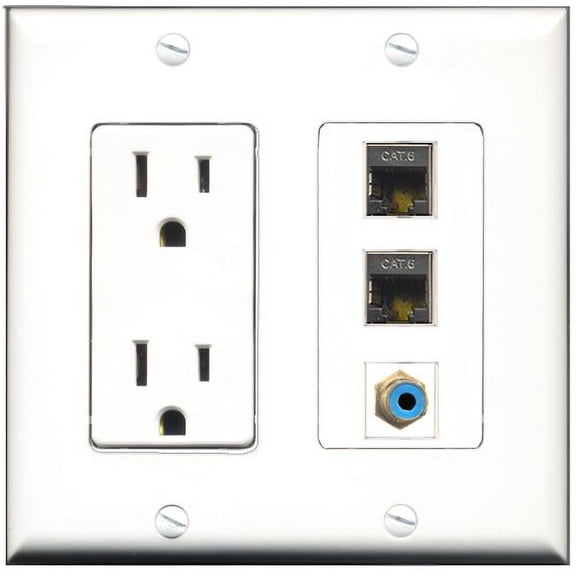 RiteAV - 15 Amp Power Outlet 1 Port RCA Blue 2 Port Shielded Cat6 Ethernet Ethernet Decorative Wall Plate