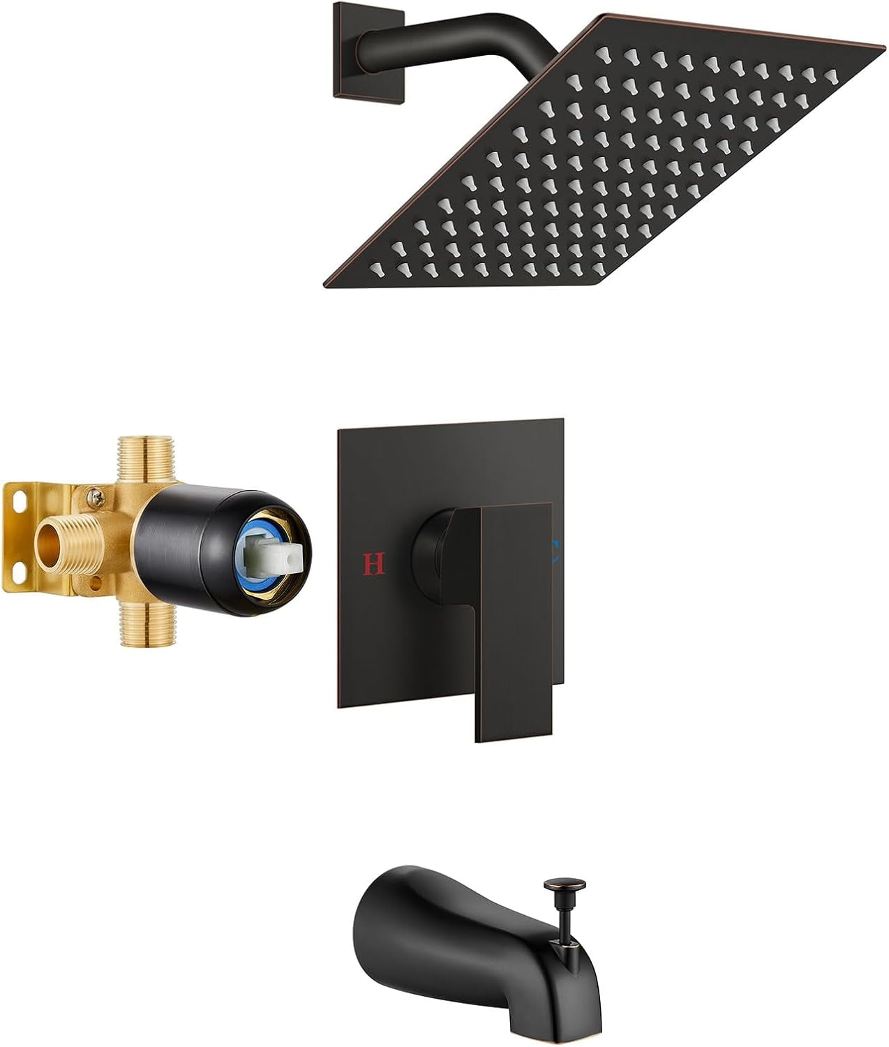 Shower Faucet Set with Tub Spout Bathtub Faucet Kit Complete Tub Shower Trim Kit with Solid Brass Rough-in Valve and 8 Inch Square Rainfall Showerhead Bent Shower Arm Matte Black