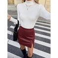 thumbnail image 4 of Burgundy Split Hem PU Bodycon Mini Skirt For Women, 4 of 5
