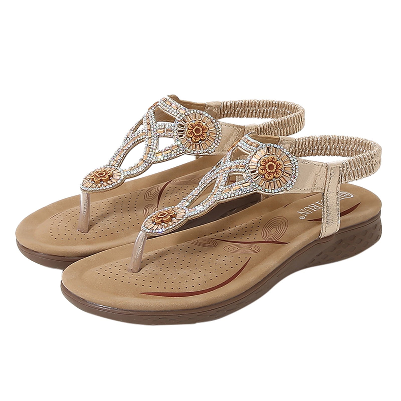  XG-ZD Women's Flat Sandals Toe Post Sandal Rhinestone Sandals  Summer Casual Beach Shoes Comfy Low Sandals Soft Non-Slip Sole,Gold,41 :  Clothing, Shoes & Jewelry