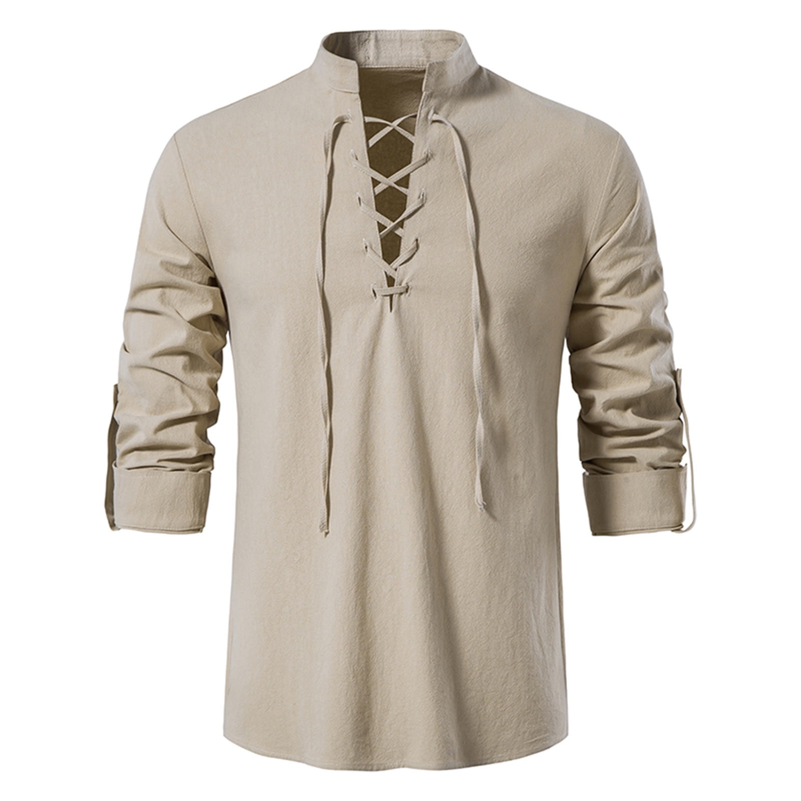 WREESH Men's Henley Shirt Cotton Linen Lace Up Pirate Shirt Casual