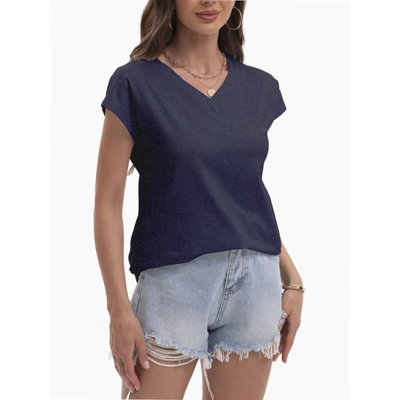 V Neck T-Shirts for Women Cap Sleeve Business Casual Tops Summer Cute Beach Vacation Clothes Basics Tees