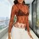 thumbnail image 3 of Top Corto De Malla Estampado de encaje Playa Cubrir Manga larga Mujeres Slim Fit Traje diario (Marrón M) Ygjytge para Mujer Marrón T S, 3 of 6