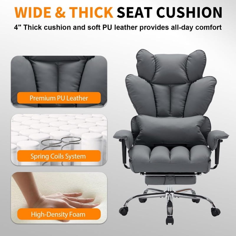 Office Chair with Footrest, 440LBS Capacity Big and Tall Executive Chair, Ergonomic High Back Desk Chair with Reclining Function, Faux Leather Computer Chair for Home Office