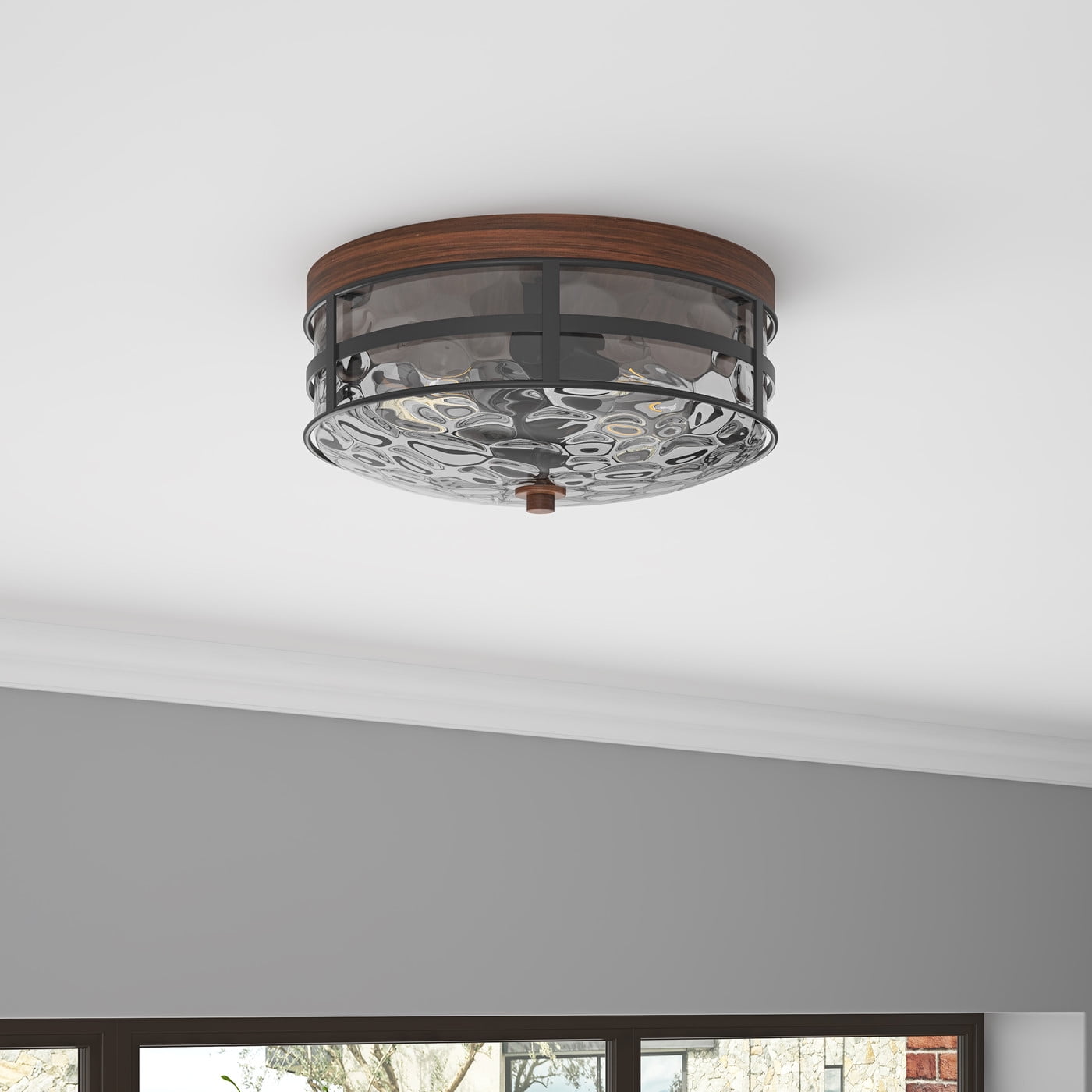 Aiwen Unique Glass Shade Caged Flush Mount Ceiling Lamp Industrial Light Fixture