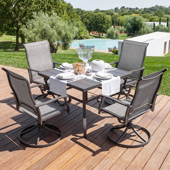 Nuu Garden 5-Piece Patio Dining Set with Umbrella Hole, 37" Square Table, 4 Textilene Swivel Chairs, Outdoor Patio Dining Set, All-Weather Outdoor Furniture for Garden Poolside Backyard, Light Gray
