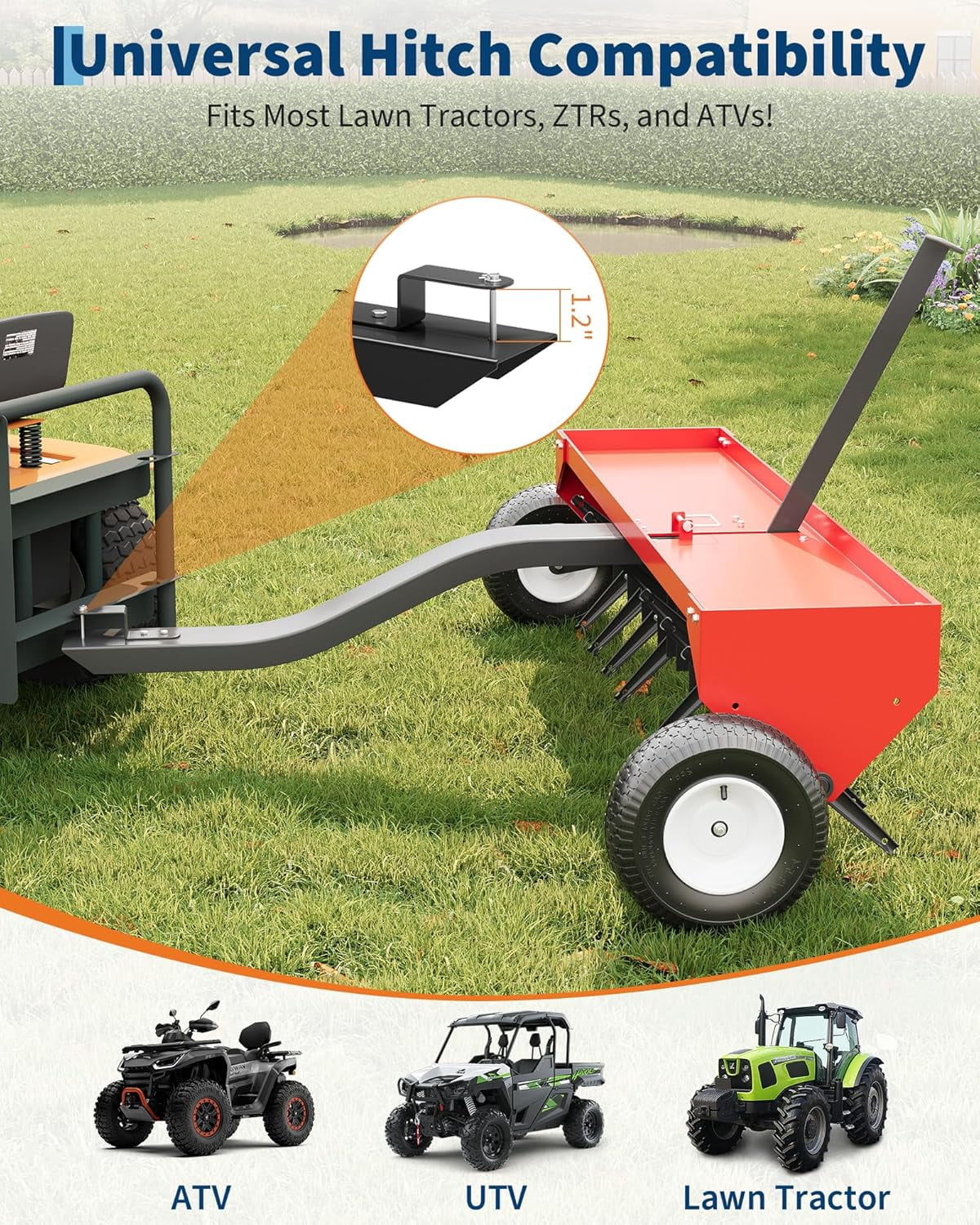 Acekid 48 Inch Tow Behind Lawn Plug Aerator - Galvanized Steel with Universal Hitch & Inflatable Wheels