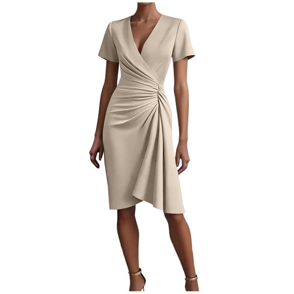 Dvprdro Womens Casual Work Mini Dress V Neck Short Sleeve Pleated Front Slim Fit Pencil Dress Solid