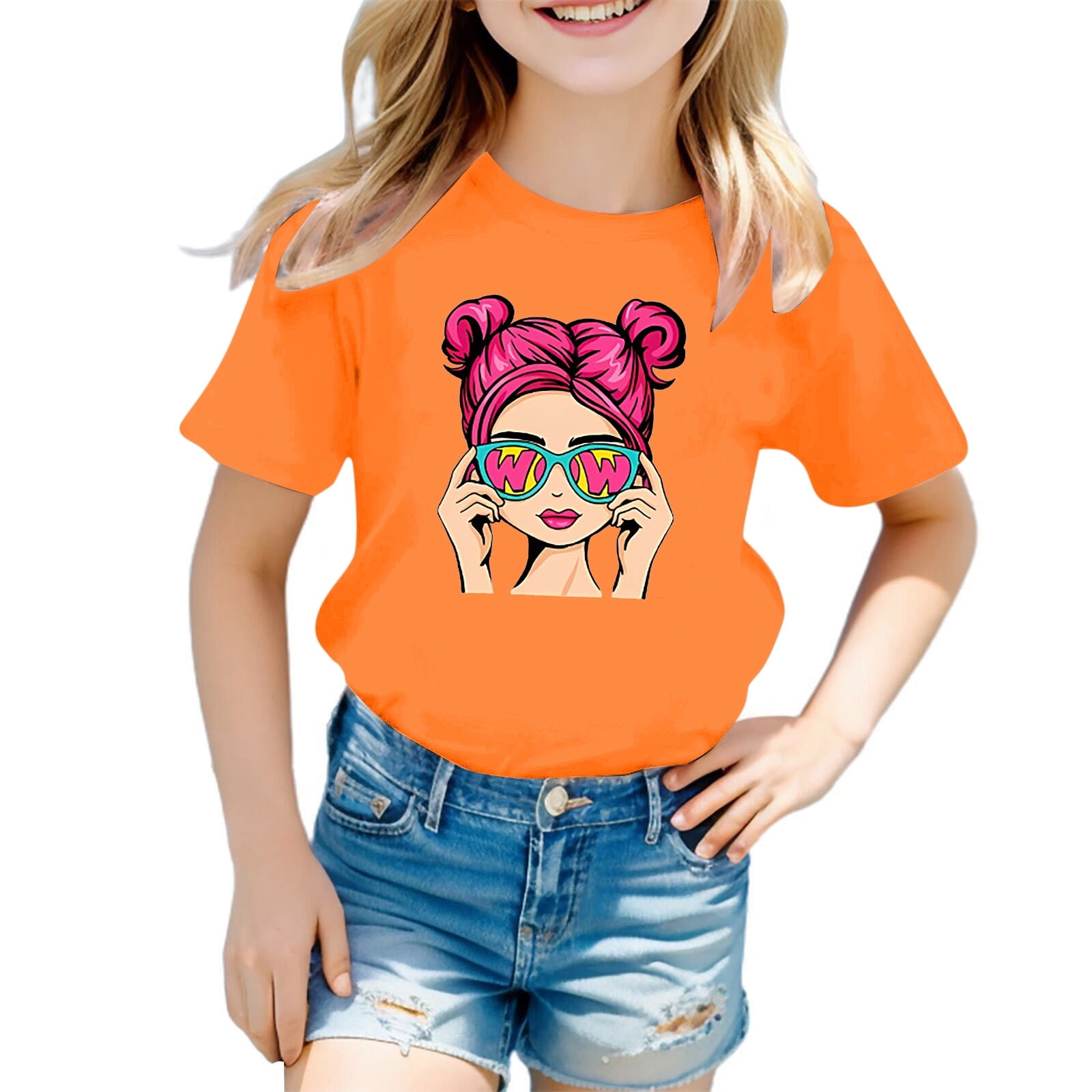 Big Kid Girl Shirt Shelf Bra Camisole Top Girls Cute Graphic Print Round Neck Short Sleeve Tee Summer Casual T Shirt Girls Clothes Orange 7 8 Years
