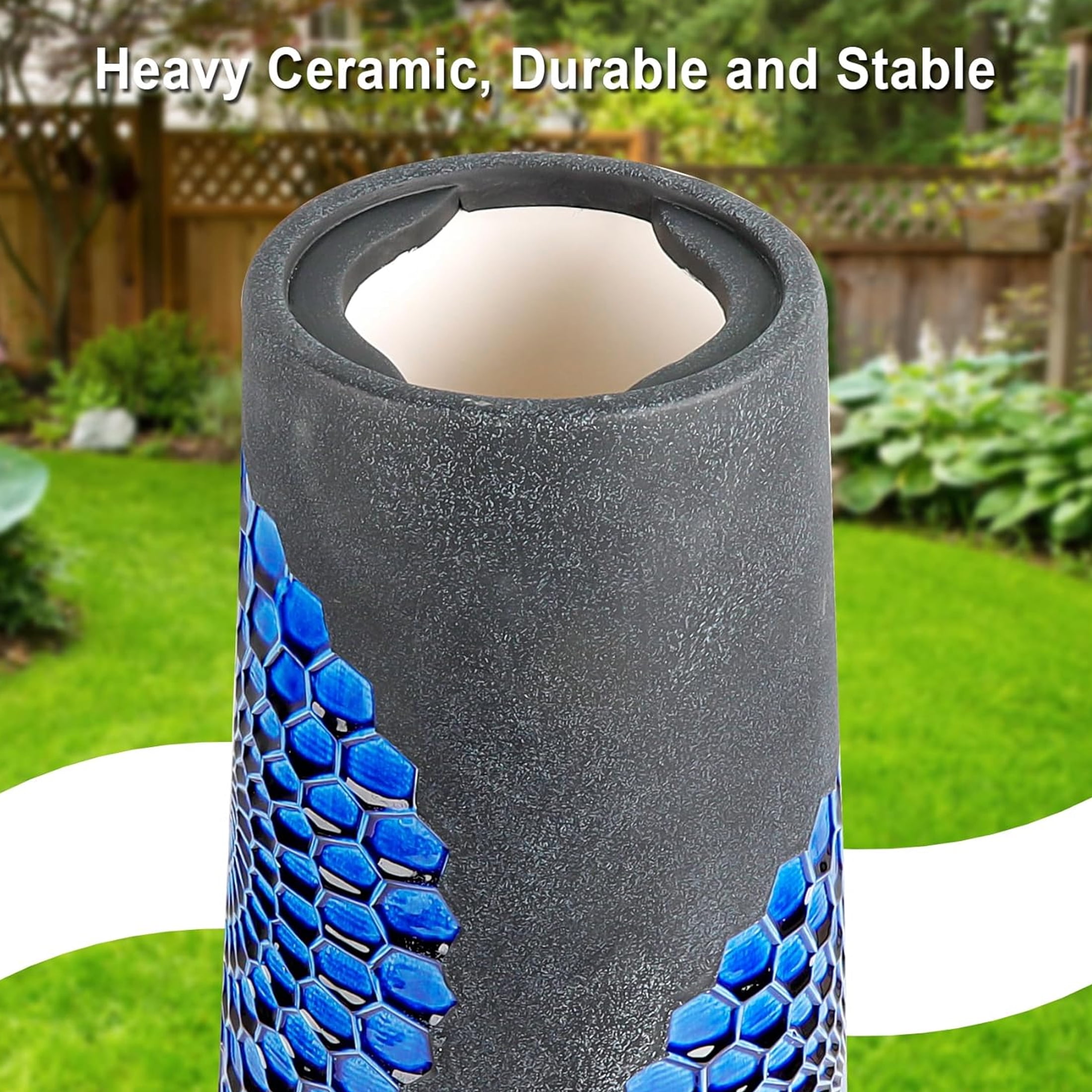BUYMAX Tall Ceramic Bird Bath for Garden, UV-Resistant, Diamond Blue Grey