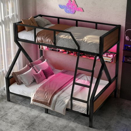 Aukfa Heavy-Duty Twin Over Full Bunk Bed with LED Lights & Storage Shelves, Metal Frame with Guardrails for Kids Teens Adults, Black