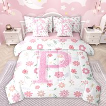 Manfei Monogrammed P Theme 7-Piece Twin Bedding Sets,Pink Kawaii Flower Bedding Comforter Set,Cartoon Floral Daisy Sheet Sets For Girl Teens,Ultra Soft Bedroom Decor Reversible