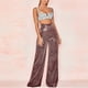 thumbnail image 2 of Pantalones anchos de cintura alta de seda brillante para mujer: cremallera drapeada, diseño acampanado, poliéster, para la playa en verano y atuendos informales., 2 of 8