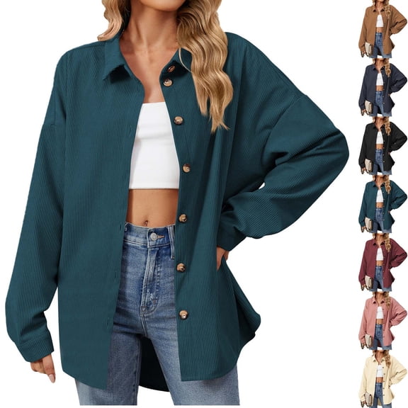 Women's Classic Fit Long Sleeve Ribbed Button-Down Shirt Casual Solid Color Collared Blouse for Work Office