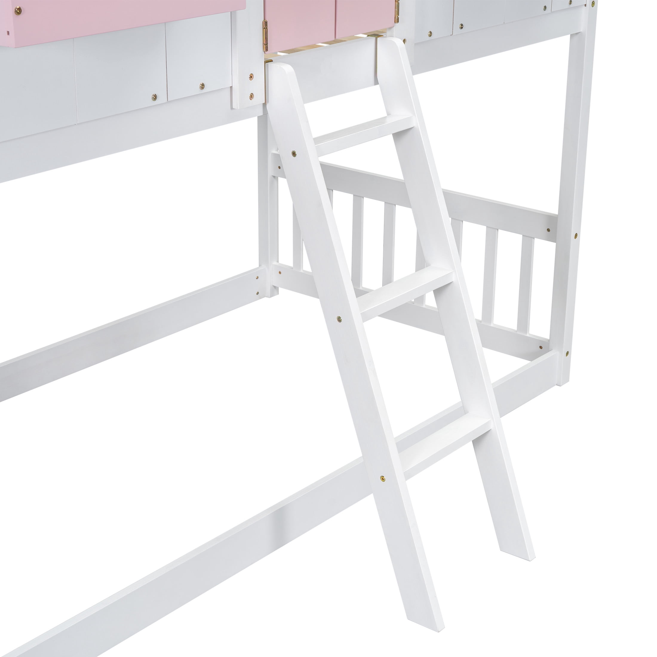 Noble House Twin Over Twin House Bunk Bed, Pine Wood Frame with Safety Guardrails and Ladder, Pink + White