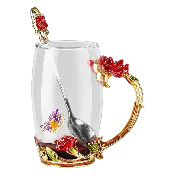 Hand Painted Enamel Glass Cup With Rose Design Elegant Drinking Glass For Water Tea Beverages Durable Glassware With Rose Handle And Spoon For Indoor Use Clear Coffee Mugs Set Bottled Water 8 Oz