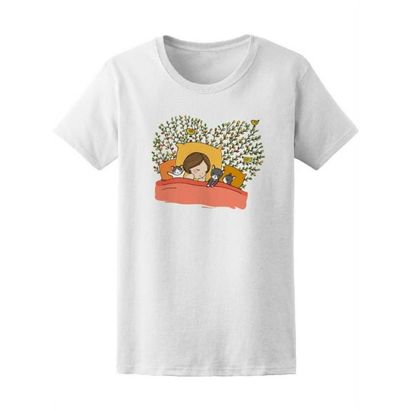 Girl And Cats Sleeping T-Shirt Women -Image by Shutterstock, Female Large