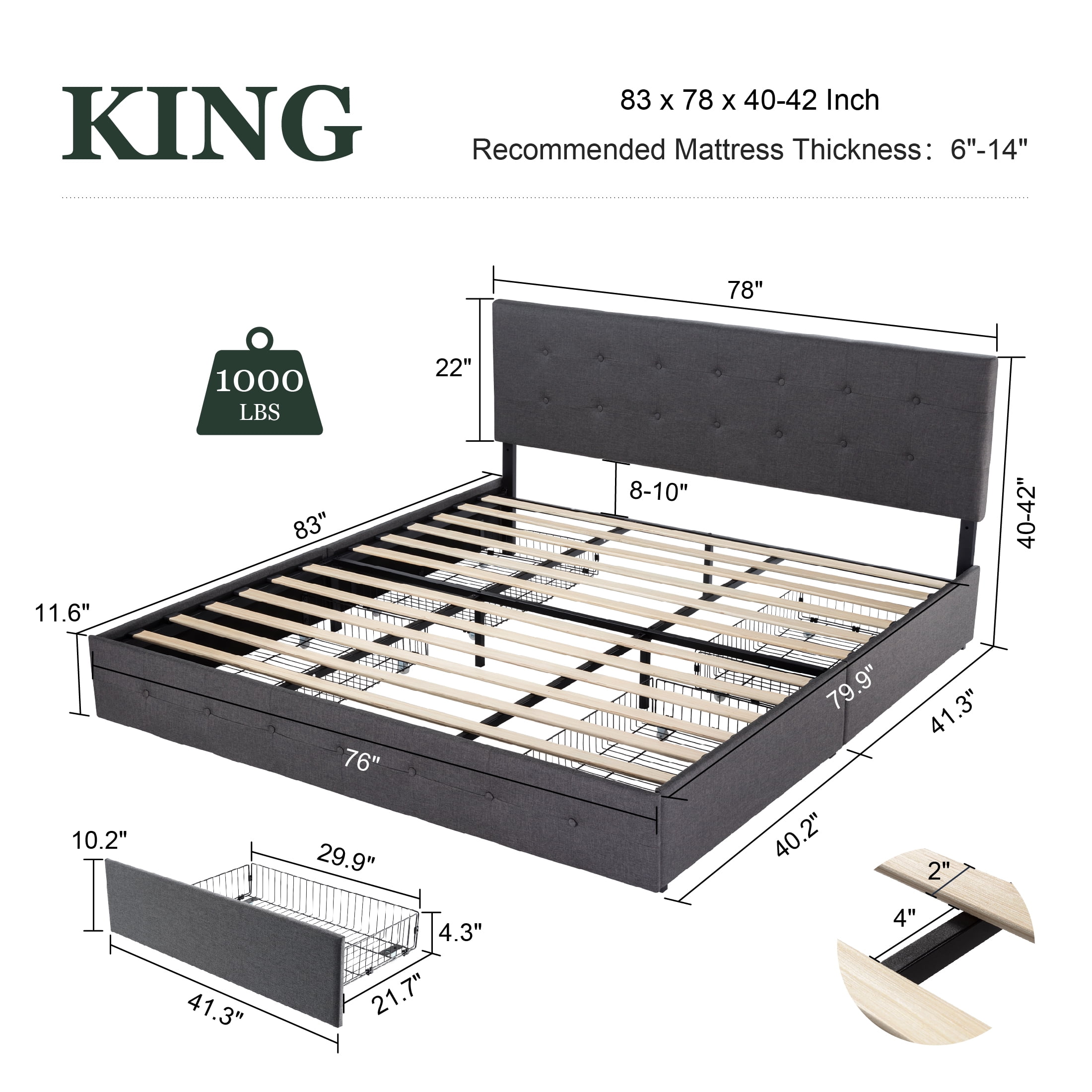 Amolife King Size Platform Bed Frame with Square-stitched Headboard and 4 Drawers, Dark Gray