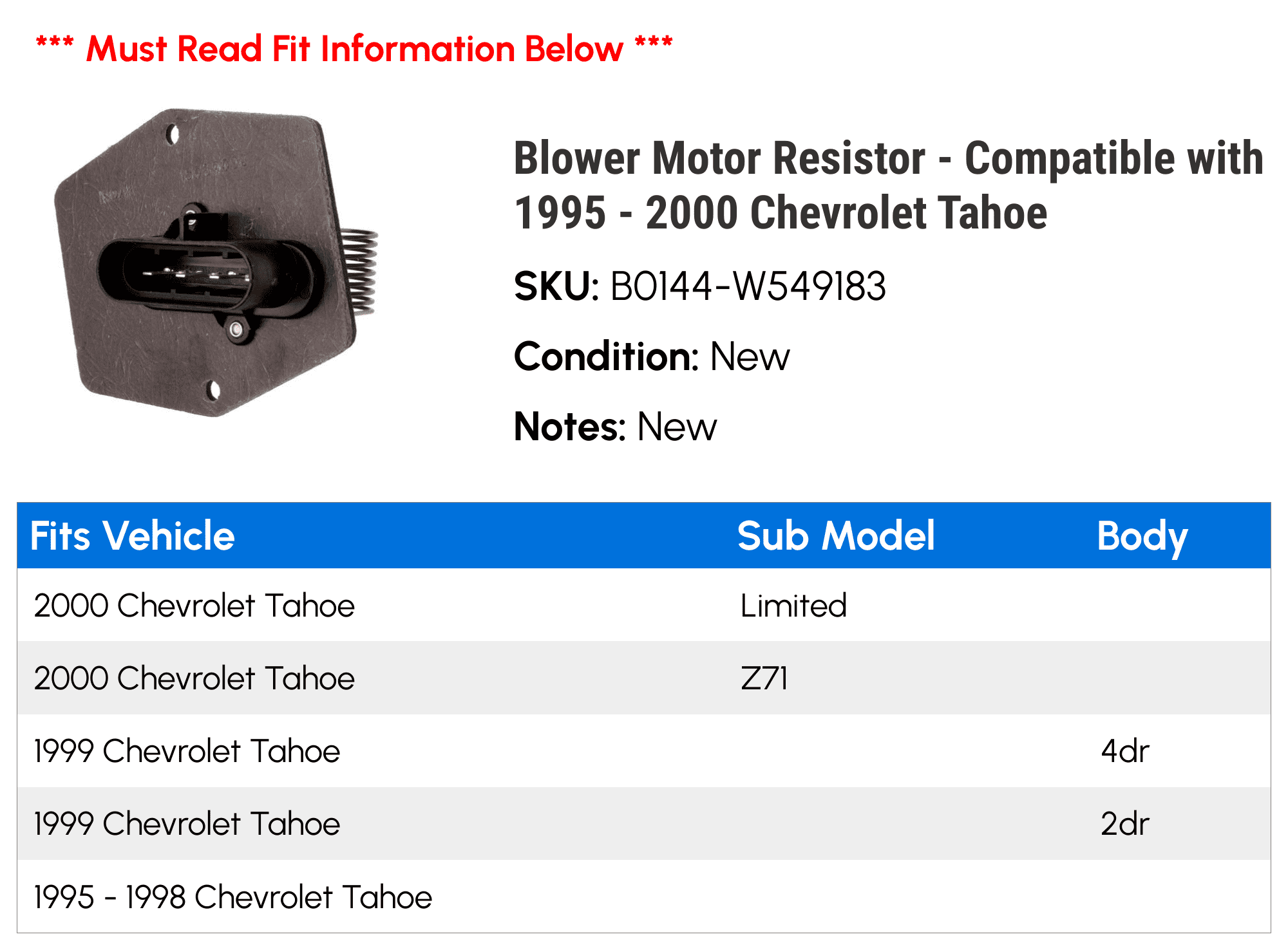 Blower Motor Resistor - Compatible with 1995 - 2000 Chevy Tahoe 1996 1997 1998 1999