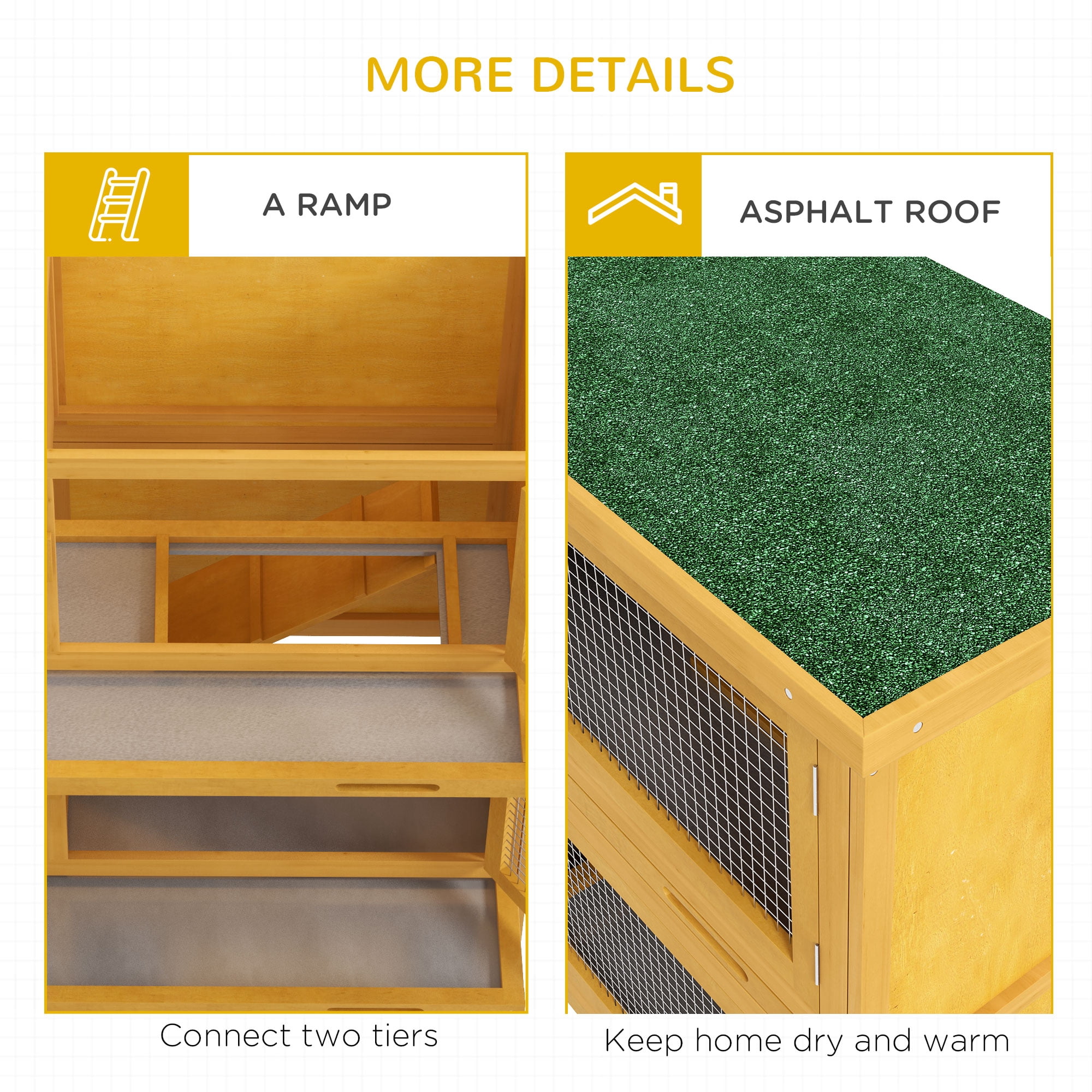 PawHut Wooden Bunny Hutch Rabbit Hutch Small Animals Habitat with Ramp, Removable Tray and Weatherproof Roof, Indoor/Outdoor, Yellow