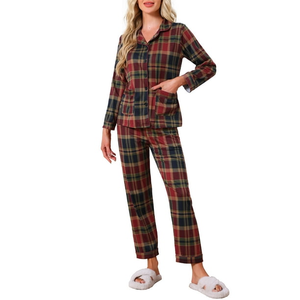 INSPIRE CHIC Conjunto de Pijamas de Mujer a Cuadros con Manga Larga y Pantalones, Botones, con Bolsillos, Talla XS, Manga Larga - Cuadros Rojos