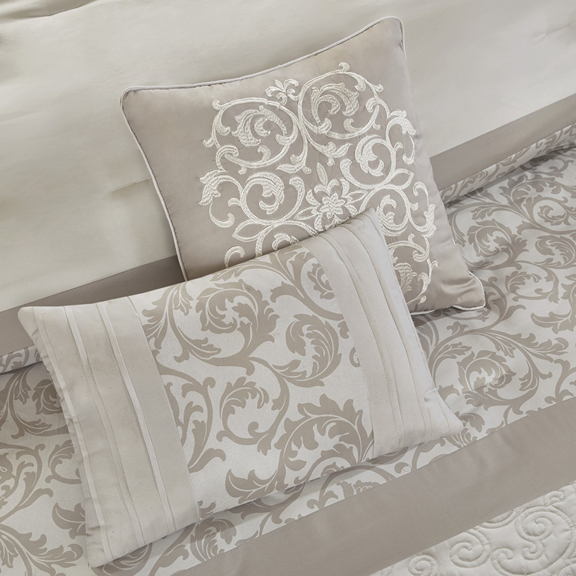 GDF Studio 8-Piece Luxury Embroidered Comforter Set, Quilted California King Size Bedding, Neutral