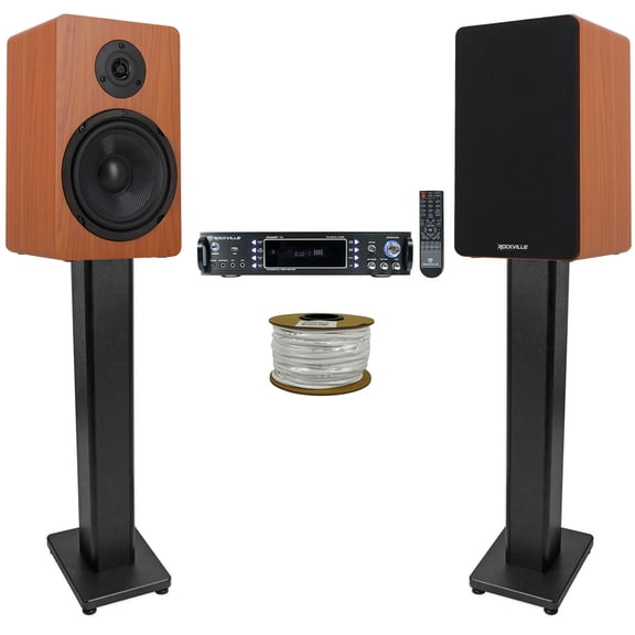Rockville RPA60BT Bundle: 1000W Bluetooth Amp Receiver, RockShelf 68C 6.5" Bookshelf Speaker Pair, 2 RHTSB 36" Stands, 100' Speaker Wire, 4-items