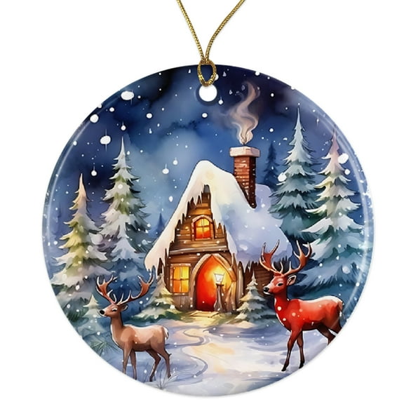 Winter Wonderland Deer Ornament - Holiday Cottage Christmas Scene - Snowy Night Cabin Decor Ceramic Ornament - 3 Inch Christmas Tree Round Ornament - Xmas Holiday Decor - String Included - ORNW0265