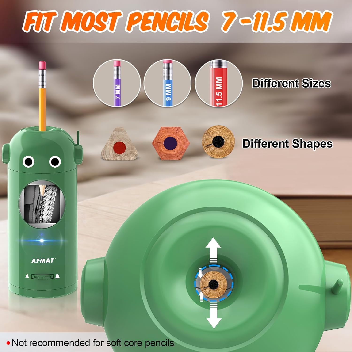 Electric Pencil Sharpener for Colored Pencils 7-11.5mm, Fully Automatic Robot Pencil Sharpener, Auto in & Out, Rechargeable Hands-Free for Classroom/Home/Office, Battery Operated, PSX5RB, Green