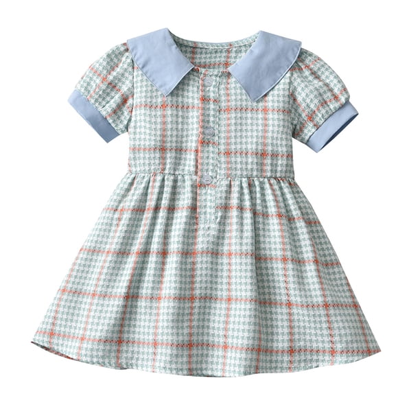 Odeerbi Niñas Verano Plaid Princesa Vestido Cuello Punto Algodón Vestido Solapa Manga Corta Vestido