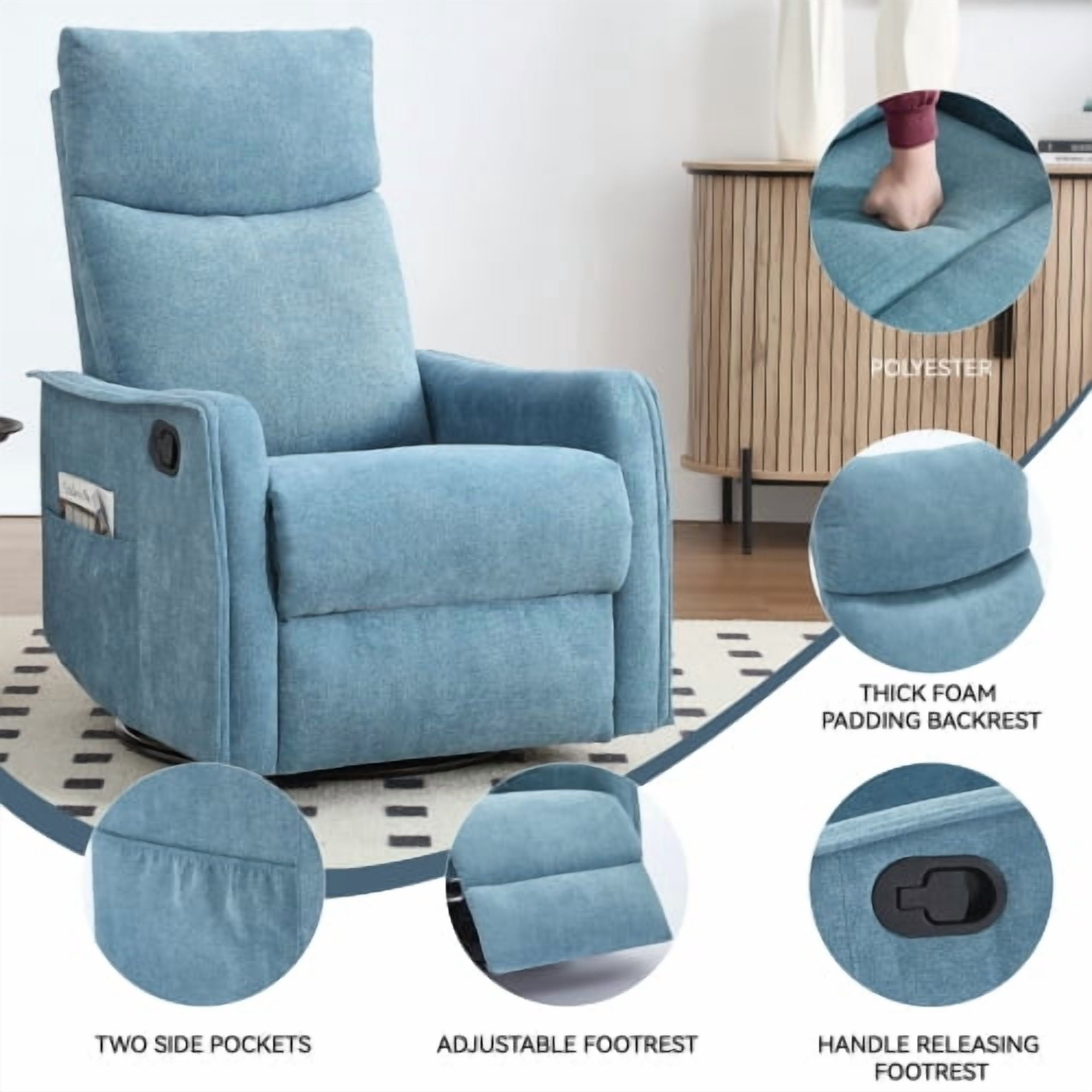 Leumius Recliner Chair with Massage and Heat,360° Manual Swivel Rocker Chair for Adults,Upholstered Fabric Glider Recliner Nursery Chair with Side Pockets for Living Room,Blue
