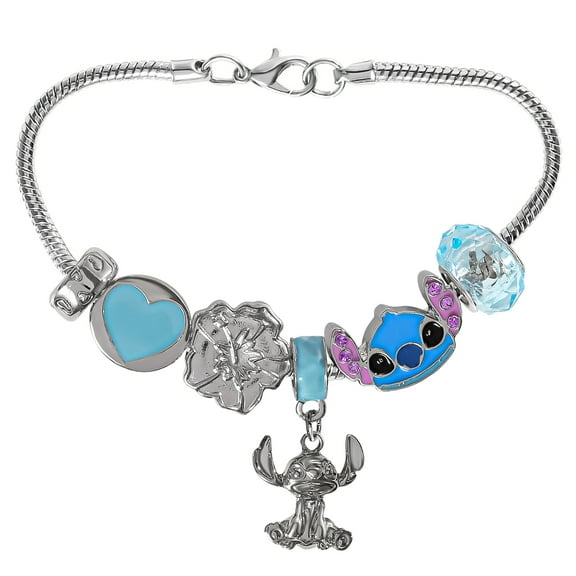 Disney Stitch Fashion 7" Charm Bracelet with Blue and Silver Tone Enamel Beads