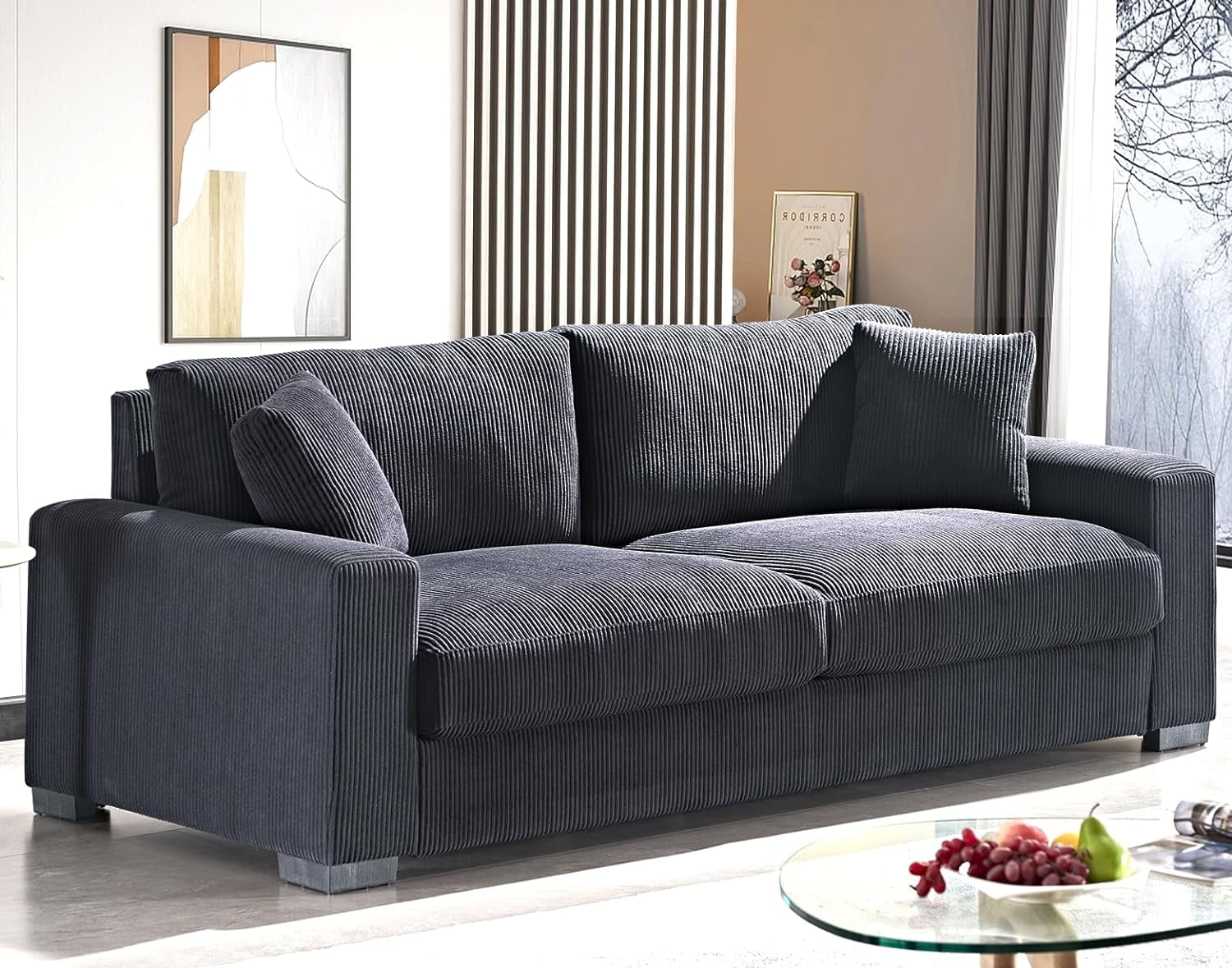 US Pride Furniture Luxe Living Room Sofa with Soft Corduroy Upholstery and 2 Toss Pillows Ample and Cozy 3 Seater Couch W89xD40.2xH31.9 Black