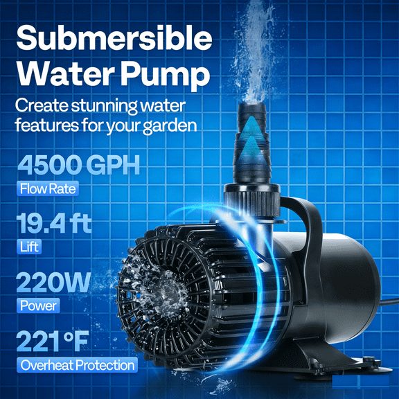 SPECSTAR 220W 4500GPH Submersible Water Pump with 180° Seamless Adjustable Nozzle and Barrier Bag for Koi Pond Waterfall Fountains Fish Tank