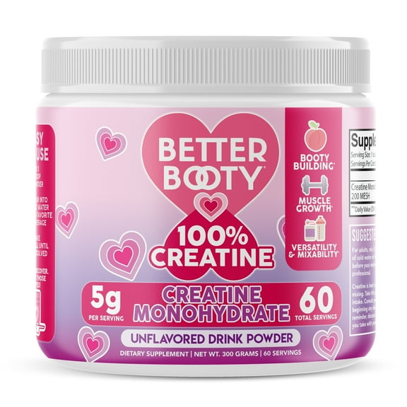Better Booty 100% Creatine for Women, Premium Creatina Monohydrate Powder, Glute Builder Supplement, Drink Mix, Unflavored, 60 Servings
