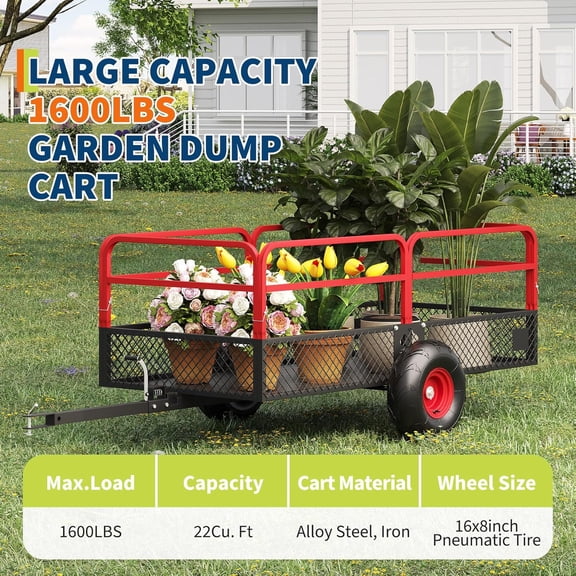 Rugerasy Tow Behind Steel Dump Cart,1600 lbs 22 Cubic Feet Heavy Duty Yard Garden Trailer with Removable Sides & All Terrain Tires,Red