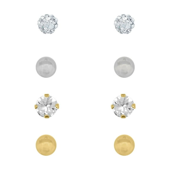 Brilliance Fine Jewelry 10K Gold Filled Crystal & 2Tone Ball Studs Children’s Earrings Set, 4 Pairs