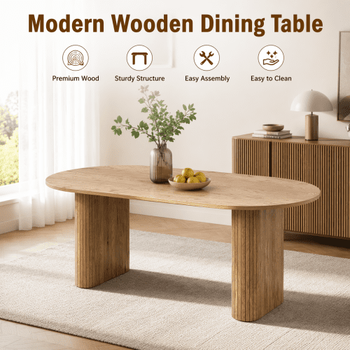 70.8" Oval Dining Table for 4-8 People, Modern Farmhouse Kitchen Table with Wood Strip Base, Natural