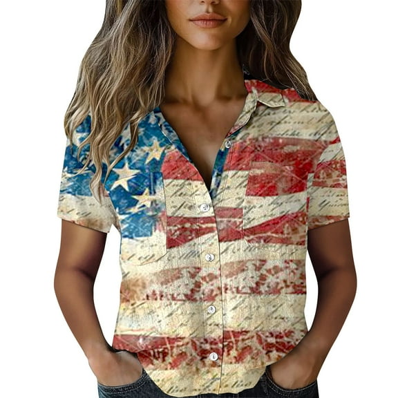 frariair Independence Day Women's Trendy Bubble Wrinkled Short Sleeve Shirt With Flag Print Design Beige