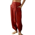 thumbnail image 4 of IDALL Linen Pants Women Wide Leg Pants Woman Women Fashion Solid Color Cotton Flax Elastic Long Pants Beach Leisure Trousers Loose Baleaf Pants Women Baggy Pants Red XL, 4 of 6