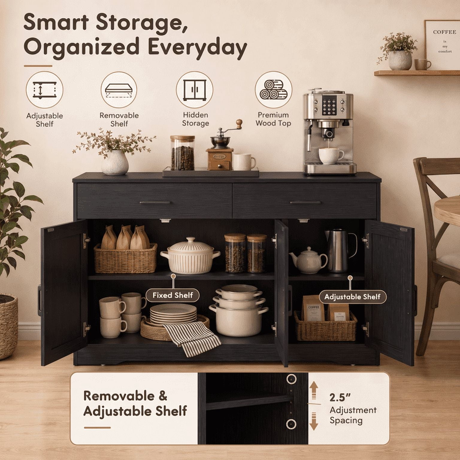 Lacoo Farmhouse Sideboard Buffet Cabinet with 2 Drawers and 3 Doors, Kitchen Storage Cabinet with Adjustable Shelf, Coffee Bar Cabinet for Dining Room and Living Room, Black