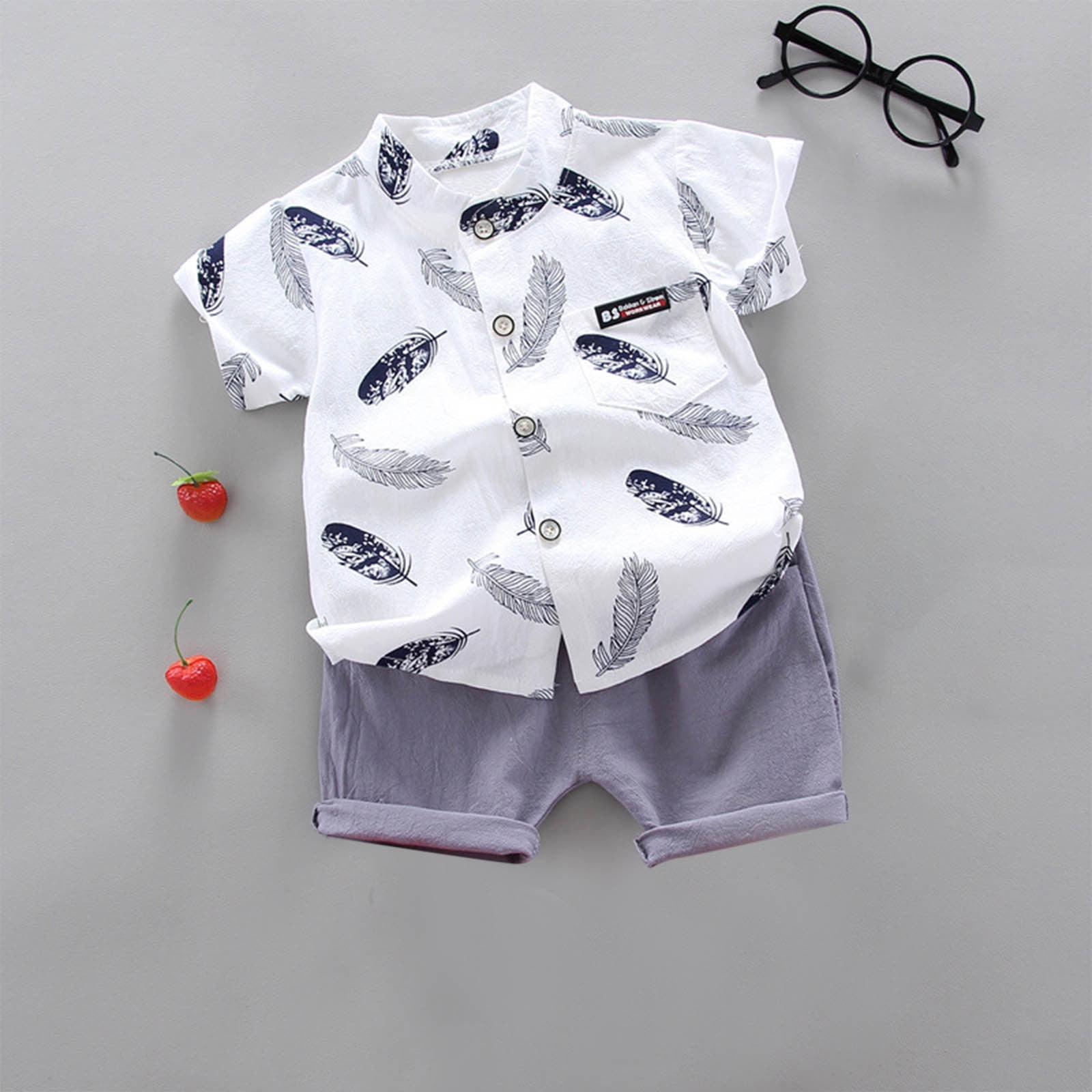 Toddler Boys Outfits, Kids Boy Clothes, Fashion Boys' Summer Stand Up Collar Print Shirt Short Sleeved Top Elastic Waist Shorts, White, 2 Years