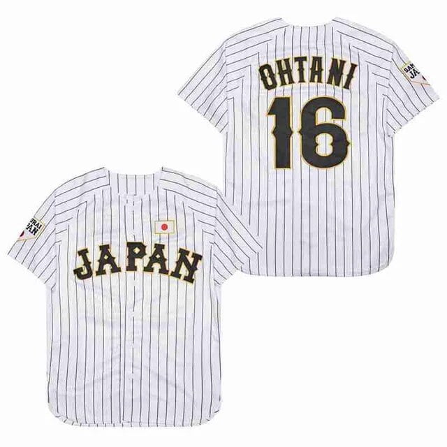 BG Maillot de baseball Japon 16 OHTANI jerseys Couture Broderie Haute Qualite Pas Cher Sport Exterieur Blanc Noir Bande 2023 Monde Nouveau