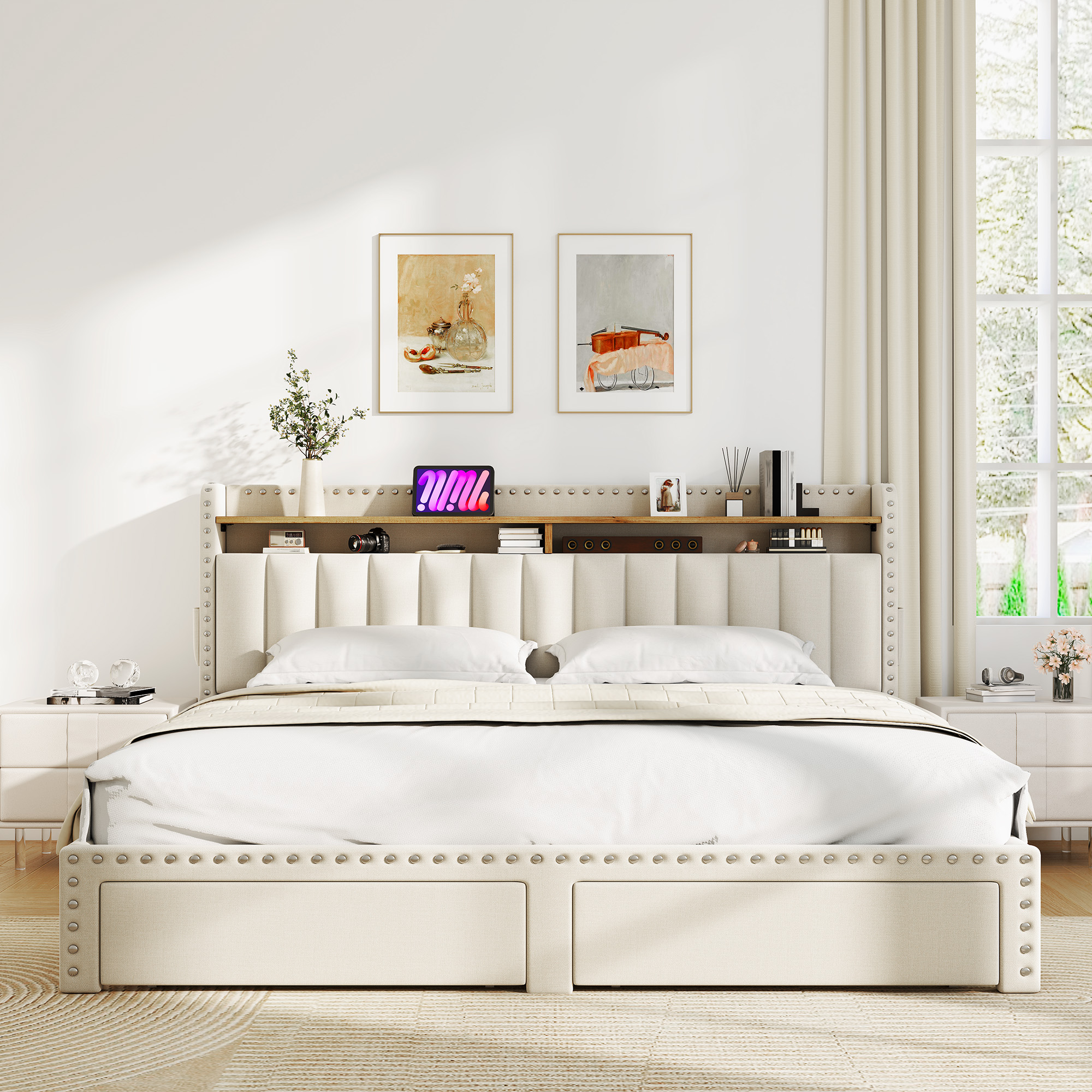 Romorgniz King Size Bed Frame with 2 Storage Drawers and 2-Tier Storage Shelf Upholstered Bed Frame with Headboard Platform Bed Frame Noise-Free No Box Spring Needed,Beige