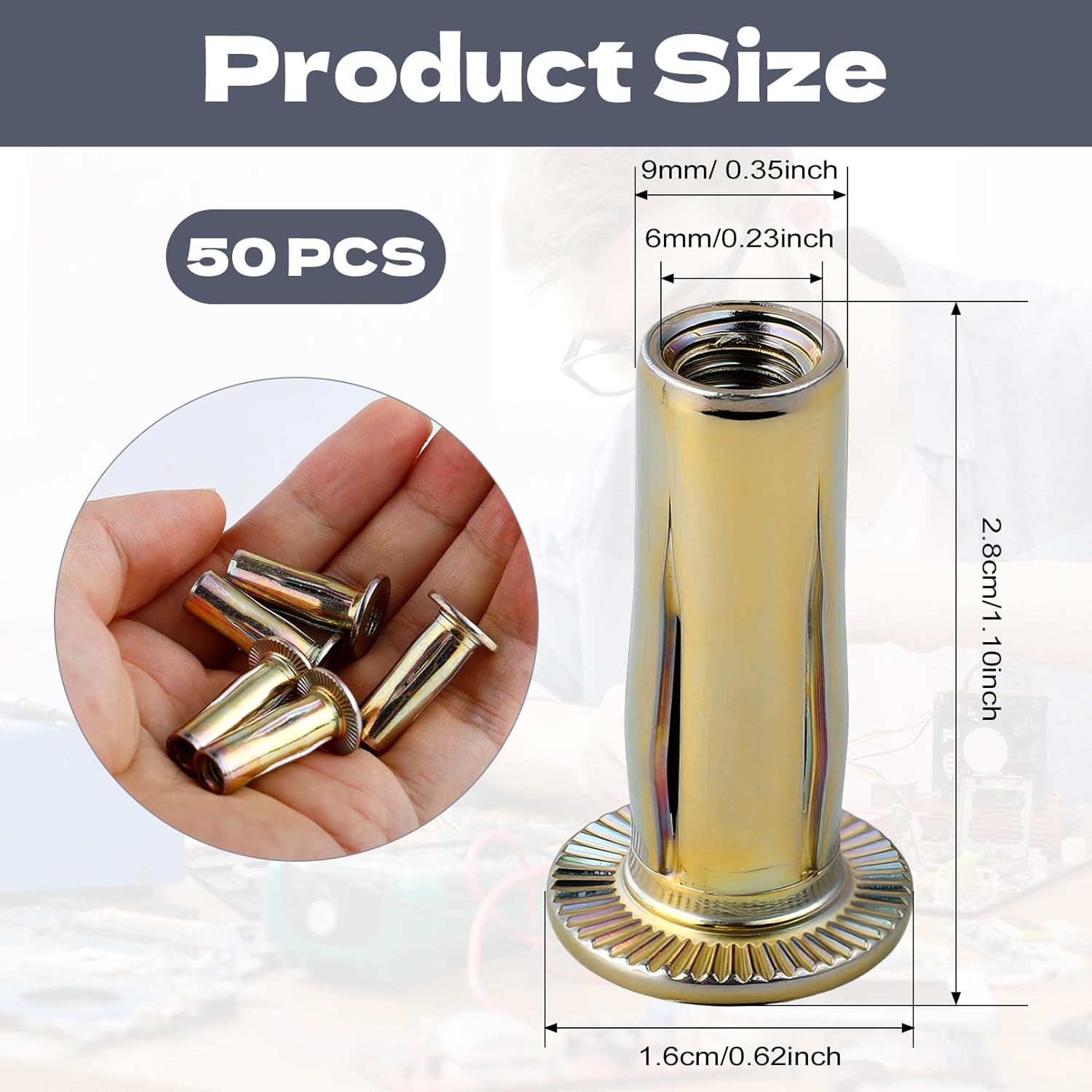 1/4-20 Multi Grip Rivet Nut Kit, 50pcs Rivet Nuts, Steel Pre-Bulbed Shank Plus Nuts,Zinc-Plated Flat Head Threaded Insert Nut Construction Fasteners for Industrial