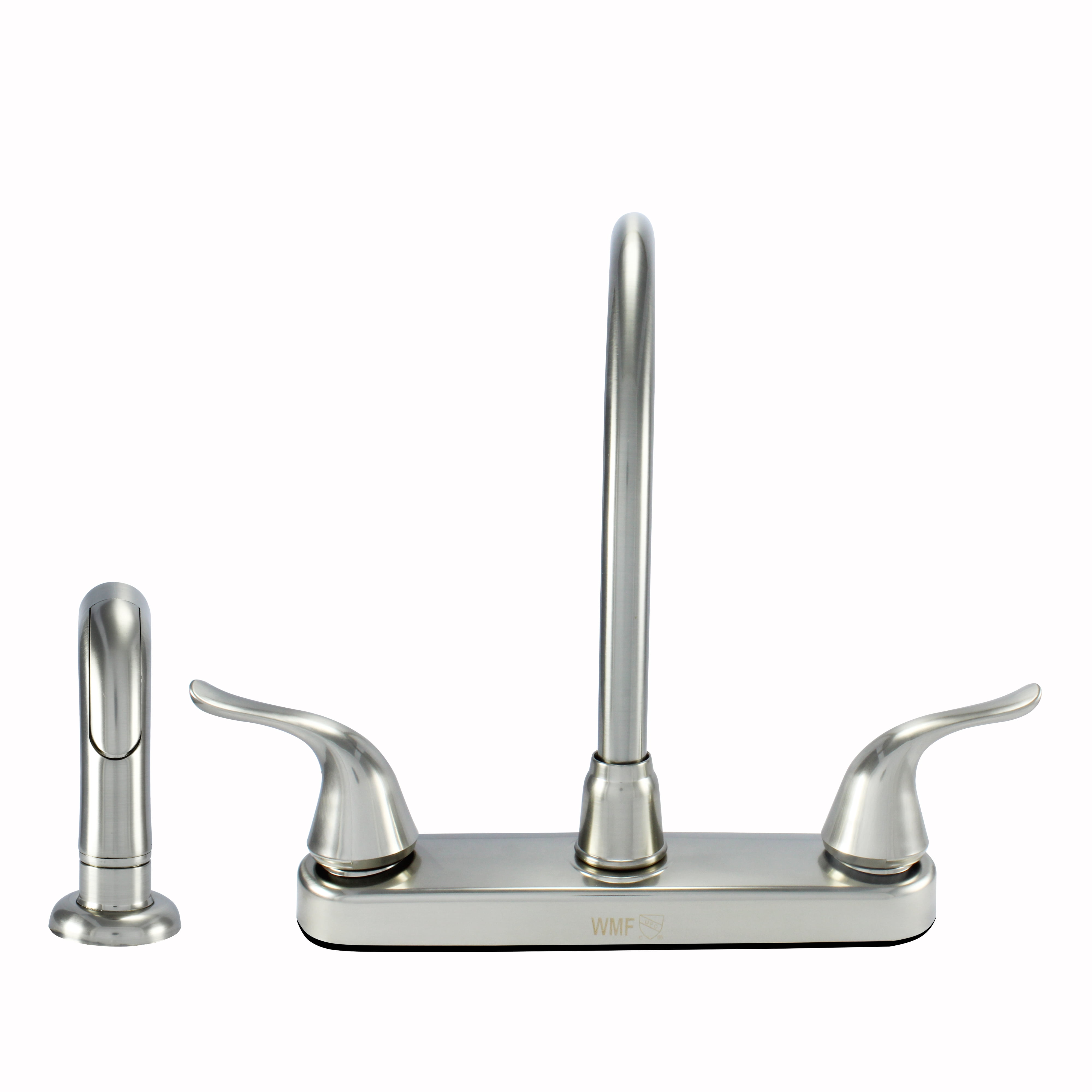 Brushed Nickel Non Metallic High Spout Double Handle Faucet With Spray