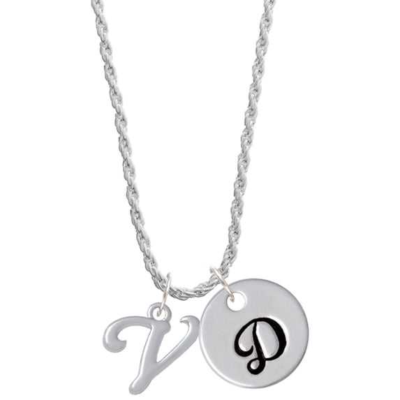 Delight Jewelry Silvertone Small Gelato Script Initial - V - Silvertone Script Initial Disc - D - Charm Necklace, 20"+3"