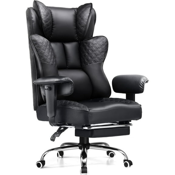Big and Tall Office Chair 400LBS Wide Ergonomic Gaming Chair with Deluxe Embossing Designed Leather with Foot Rest,150°Reclining Adjustable Soft Armrests Pocket Spring Back Support and Pillow