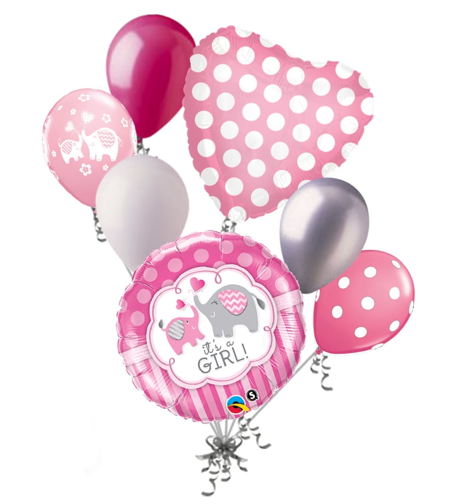 7 pc Pink Polka Dot Elephant Baby Girl Balloon Bouquet It's a Shower Welcome Home